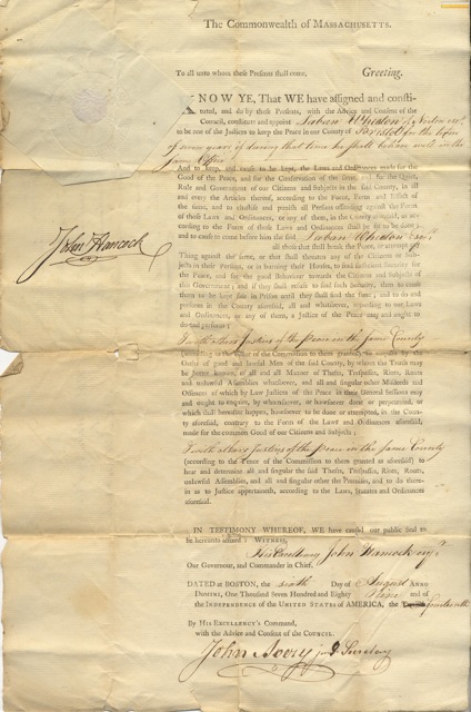 Judge Laban Wheaton's appointment as Justice of the Peace for Bristol County, Massachusetts. Signed by Governor John Hancock.