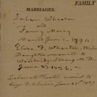 A page from Judge Wheaton's Bible in which he recorded the marriages of the family. Bible printed and published by M. Carey & Son, Philadelphia, 1818.