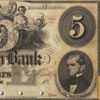 A five-dollar note from Attleborough Bank bearing Laban Morey Wheaton's image, at the time he was president of the bank. Printed pre-1860.