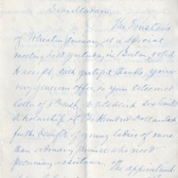 Wheaton Female Seminary Board of Trustees accepting Mrs. Wheaton's donation for a set of scholarships, May 11, 1880. Page 1.