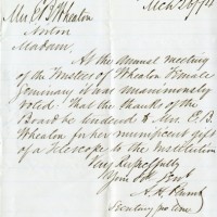 Letter from the Wheaton Female Seminary Board of Trustees accepting Mrs. Wheaton's donation of a telescope, 1874