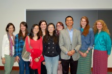 Dasho Tenzing Yonten P'12 with Wheaton students and a parent who previously spent a semester abroad at Royal Thimpu College.