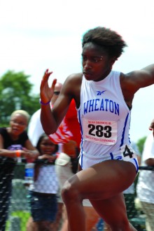 Amber James ’04, pictured here in the 2004 NCAA Division III track and field championships.