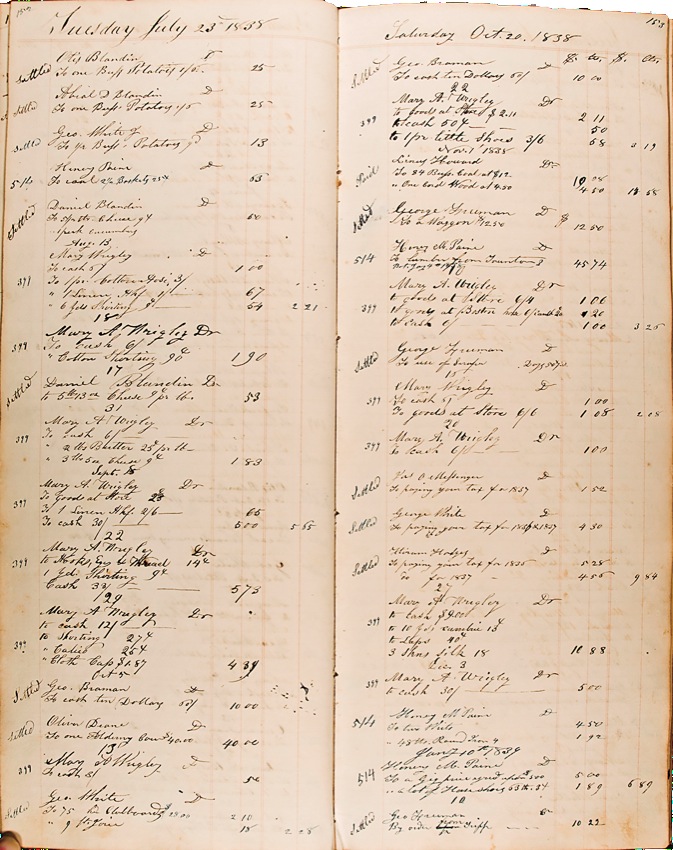 Laban Morey Wheaton’s daybook, from the Marion B. Gebbie Archives and Special Collections Digital Repository, pages 152–153, July 23, 1838—Dec. 10, 1838 (references potatoes, cheese, cucumbers and butter)