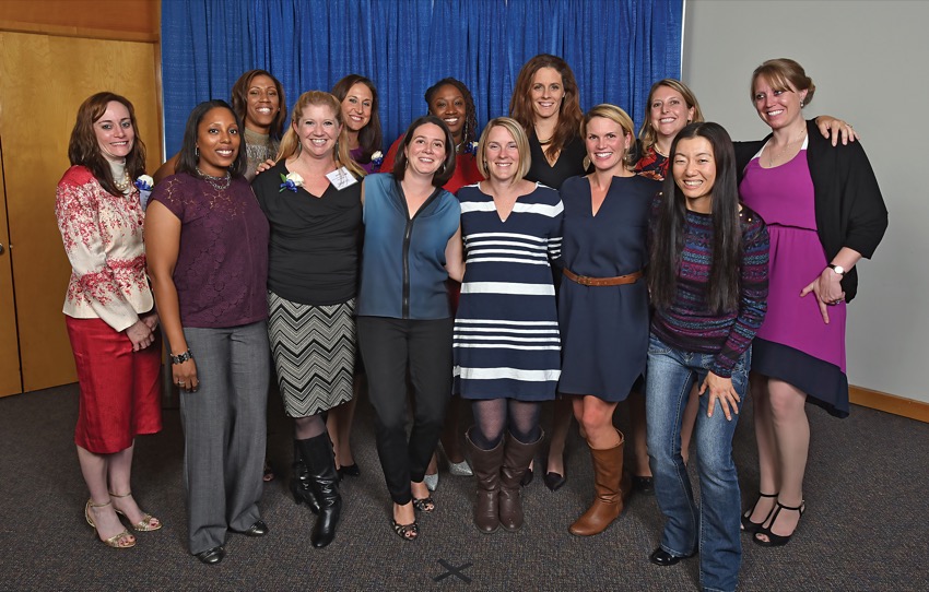 The 1999 women’s indoor track and field team was inducted into the Yowell Hall of Fame. Front row, left to right: Kendra Bullock ’01, Angela Mullins ’00, Janna Sullivan ’00, Amy Swanson Paul ’99, Colleen Burch Bercume ’02, Jacqui Martinelli Souza ’02 and Meghan Marks ’00. Back row: Niara Woods ’02, Lisa Wallin LeClair ’01, Deshawnda Williams ’00, Beth Castagno Marks ’00, Megan Flaherty Hall ’02 and Kathrene Getz ’02