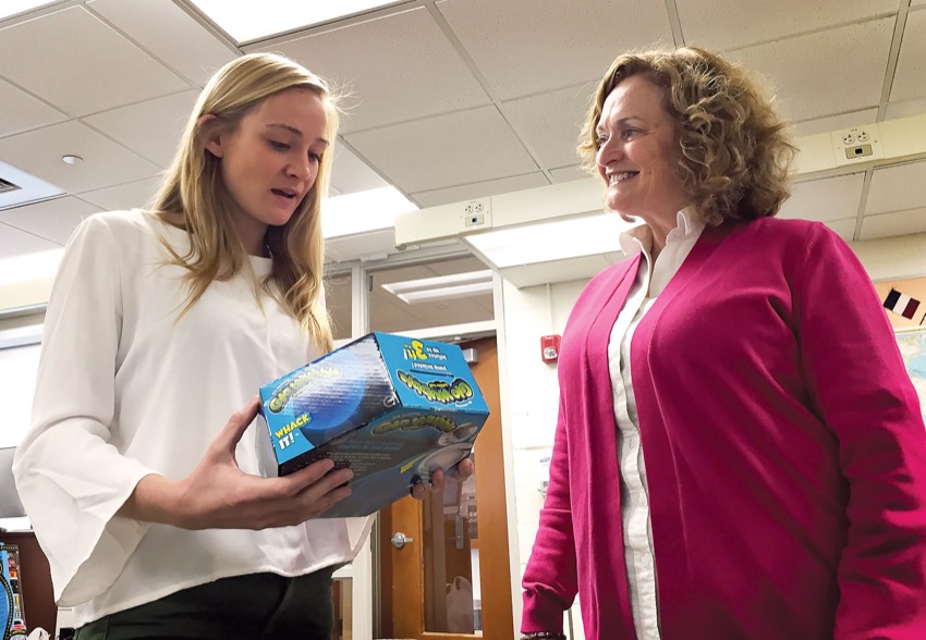 Students in Professor Vicki Bartolini’s "Issues in Early Care and Education” course spent the fall 2015 semester researching toys of value and toys to avoid for the annual Toy Selection Guide published by the national advocacy group Teachers Resisting Unhealthy Children’s Entertainment. Pictured: Georgia Crane ’16, education major, and Vicki Bartolini