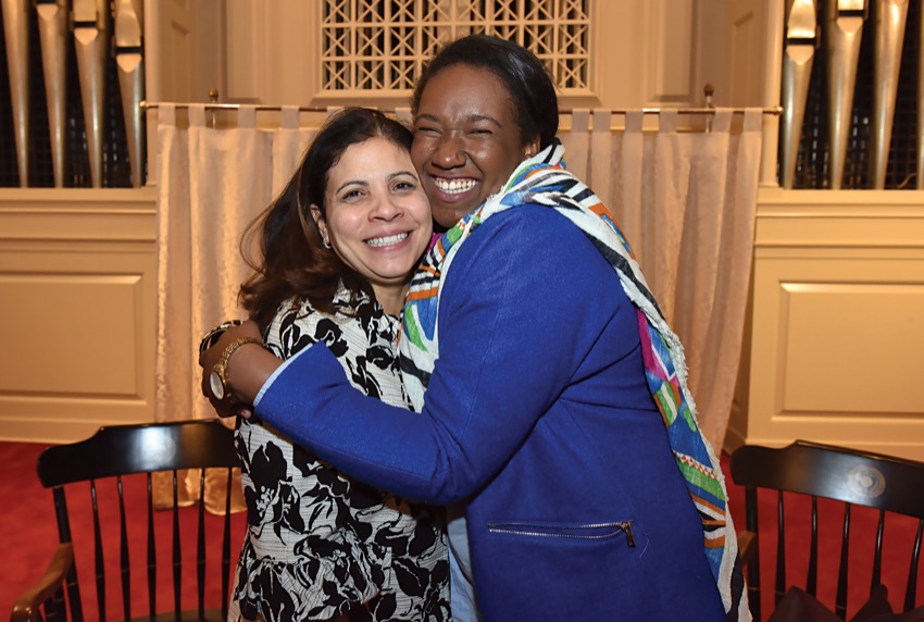 In February at the college’s first MLK Legacy Celebration, MLK Legacy Awards, honoring contributions to creating a more inclusive community, were presented to Raquel Ramos (left), associate dean and director of the Marshall Center, and Nataja Flood ’16.