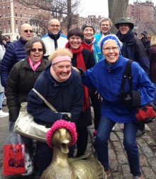 Professor Barbara Darling-Smith and friends by the Boston statue paying tribute to Robert Mccluskey's "Make Way for Ducklings."