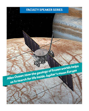 Poster with image of Jupiter in the background, the Europa Clipper spacecraft in the foreground, superimposed with title of a talk.