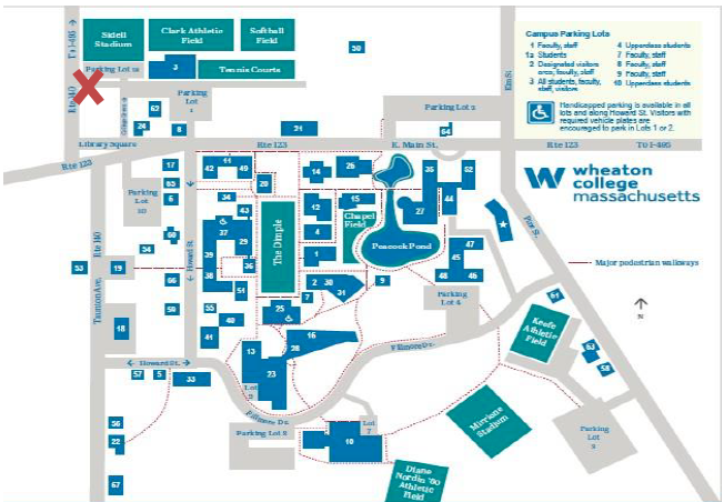 A map of Wheaton College. There is a red X in the top left corner indicating the location of the FLTA House