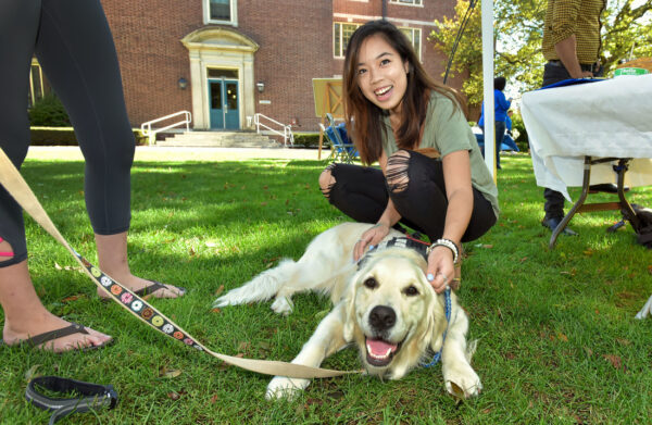 Student petting therapy dog