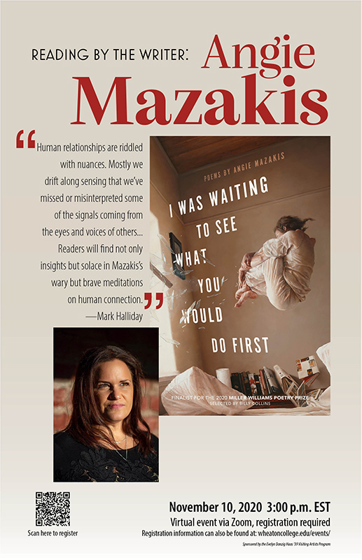 This poster advertises a poetry reading by Visiting Artist Angie Mazakis on November 10, 2020 at 3pm