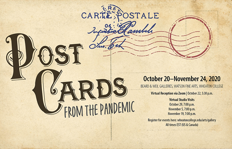 Poster advertising the gallery exhibition Postcards from the Pandemic. Style reference, vintage postcard style.