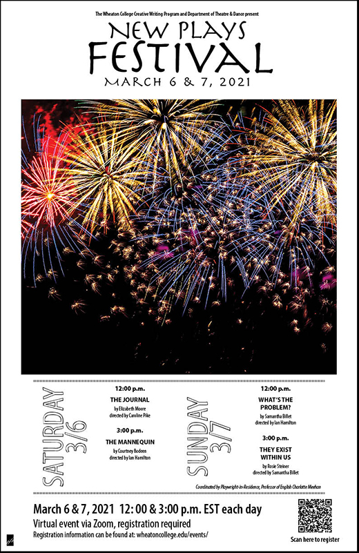 Poster advertising the 2021 New Plays Festival taking place on March 6 & 7 at 12pm and 3pm each day. The image features fireworks.