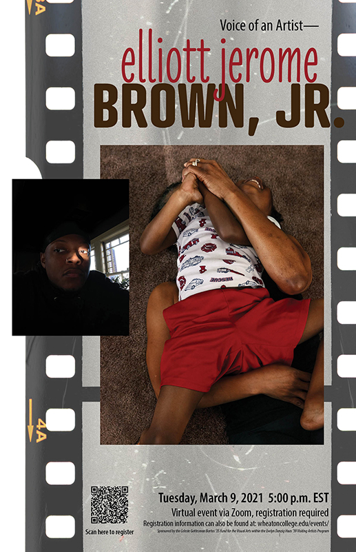 A poster advertising an artist talk by Elliott Jerome Brown, Jr. on March 9th at 5pm. Images include a headshot of Brown and one of his photographs.