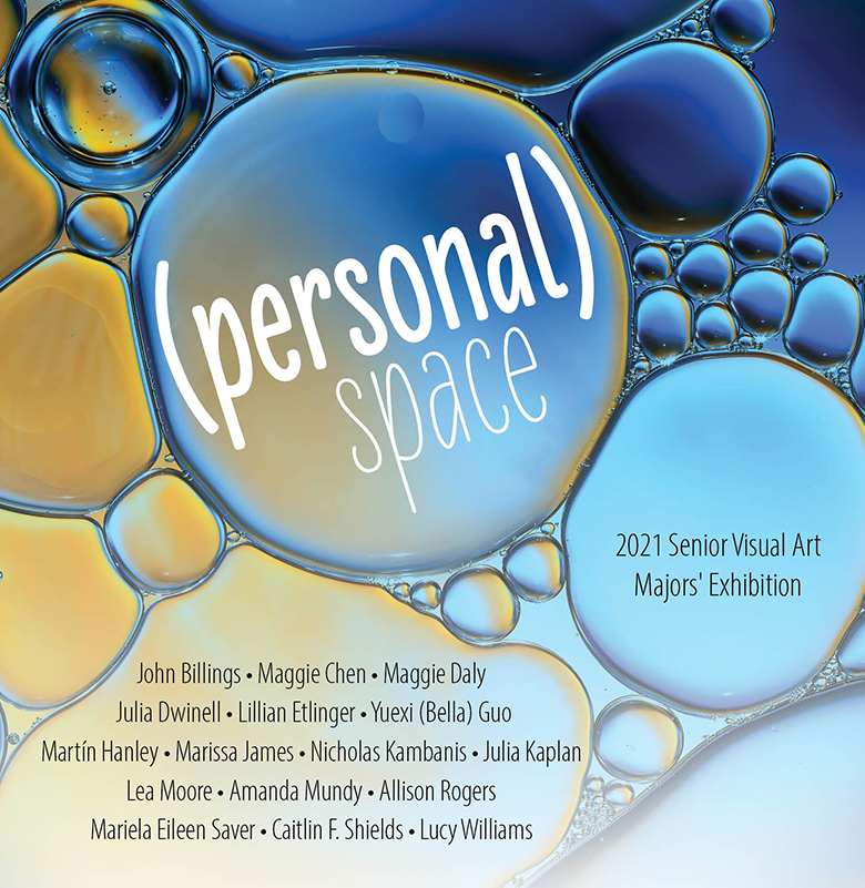 Blue and yellow bubbles with the exhibition title (personal) space and the names of the participants