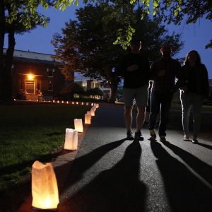 Luminarias along path on campus