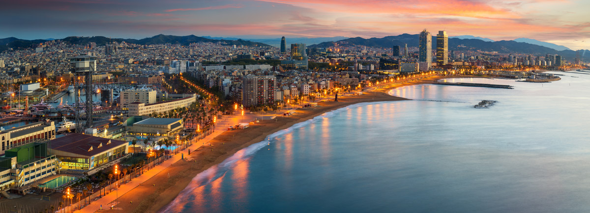 nightime arial view of coast of Barcelona