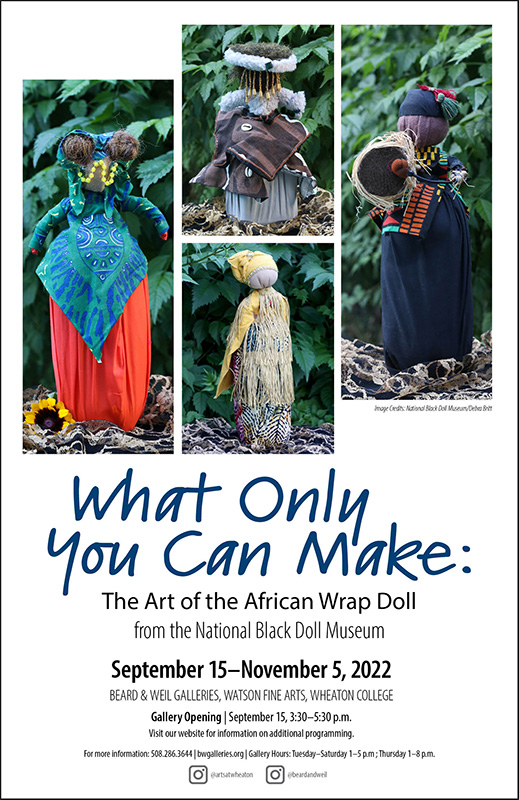 Poster advertising gallery exhibition, images are 4 different African Wrap Dolls