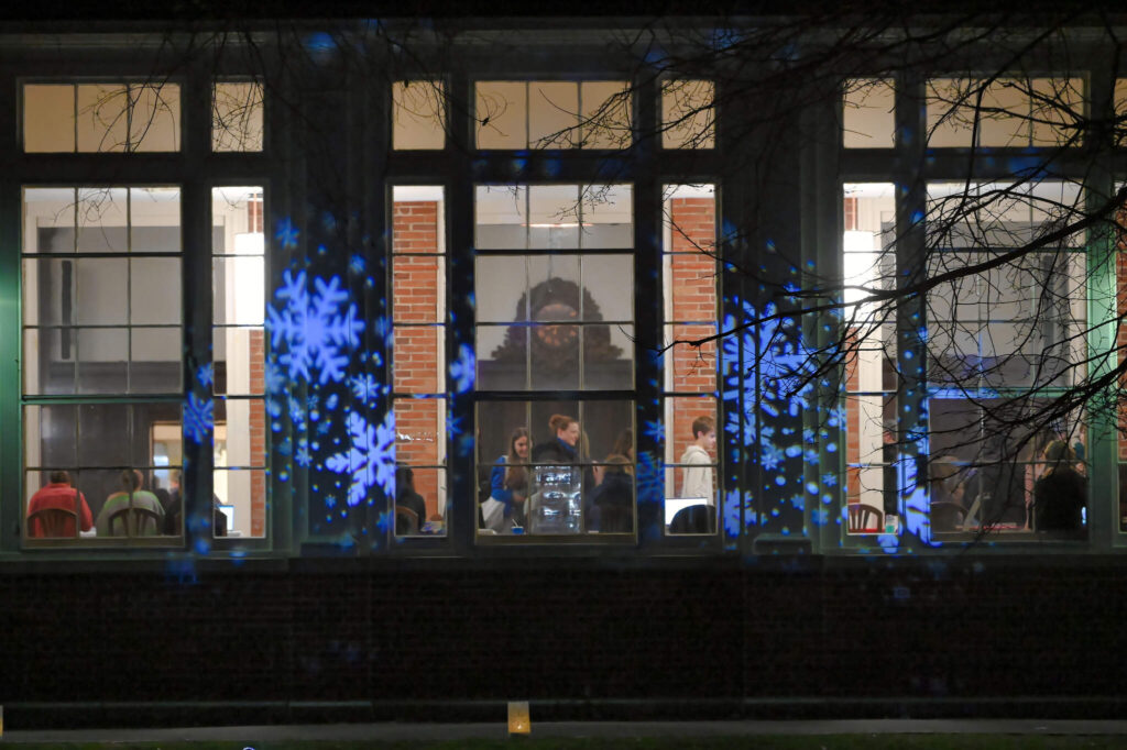 Snowflake lights on Emerson Dining Hall at Winterfest 2023