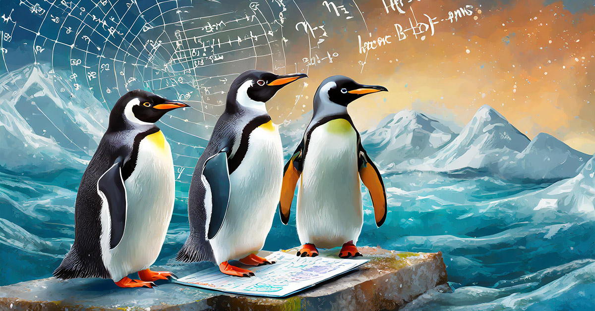 Decorative illustration of penguins with mathematical equations in background. Created with Adobe Firefly AI.