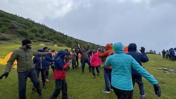 Group of hikers celebrating.