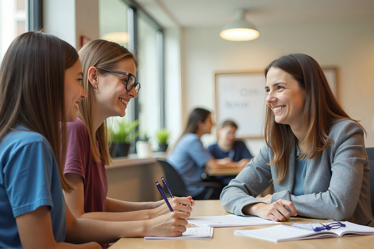Professional woman seated at a table with two students