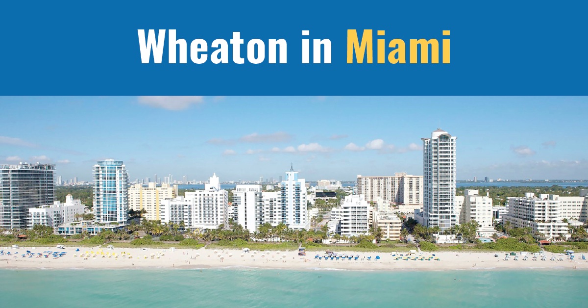 Wheaton in Miami text on a blue background with a photo of the Miami shore line with high rises, sand and the ocean