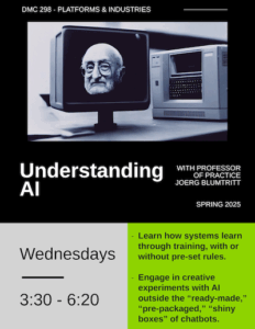 a poster advertising for the class Understanding AI showing an AI generated image of Vilem Flusser in a vintage computer screen on black background