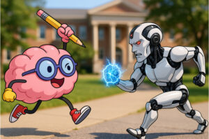 a pink brain raises a sharp pencil towards a grey and black robot which holds a blue blob