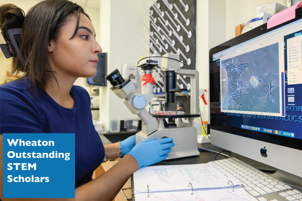 WOSS student observing neurons through a microscope.