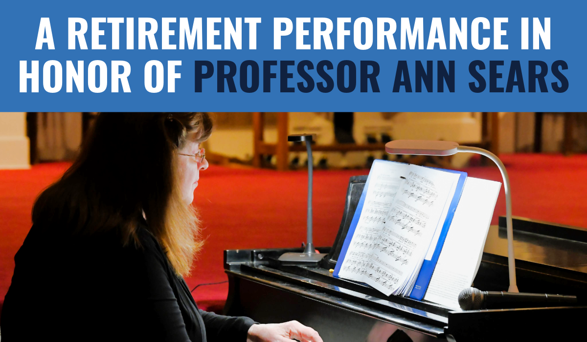 A retirement peformance in honor of Professor Ann Sears (pictured sitting at a piano)
