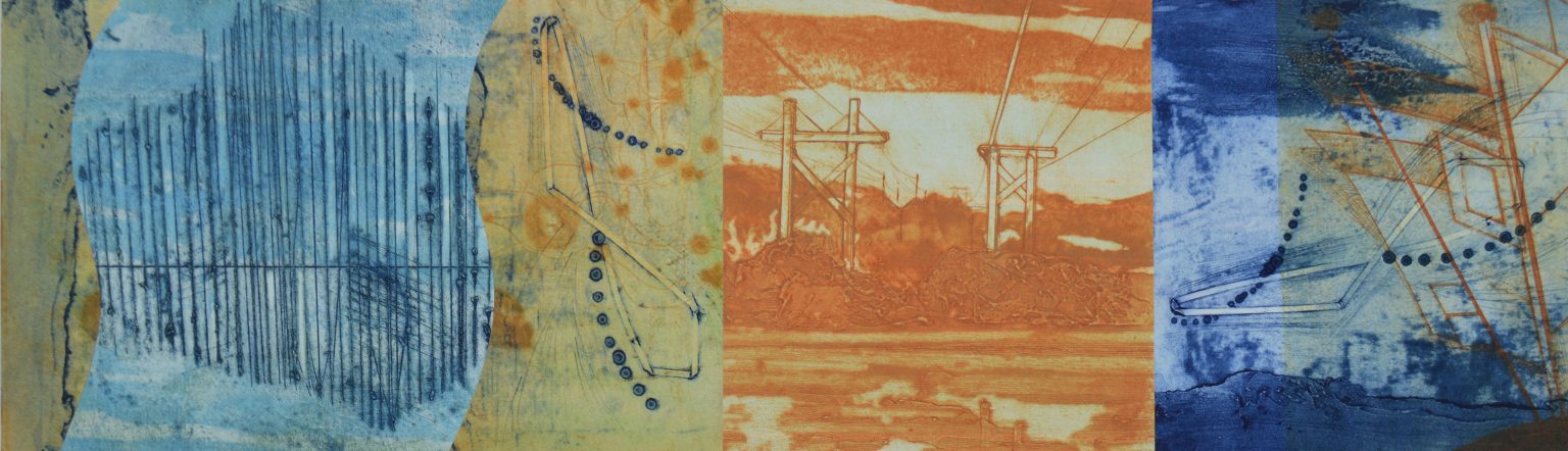 Abstract collage of oranges and blues made from various printmaking techniques by Claudia Fieo