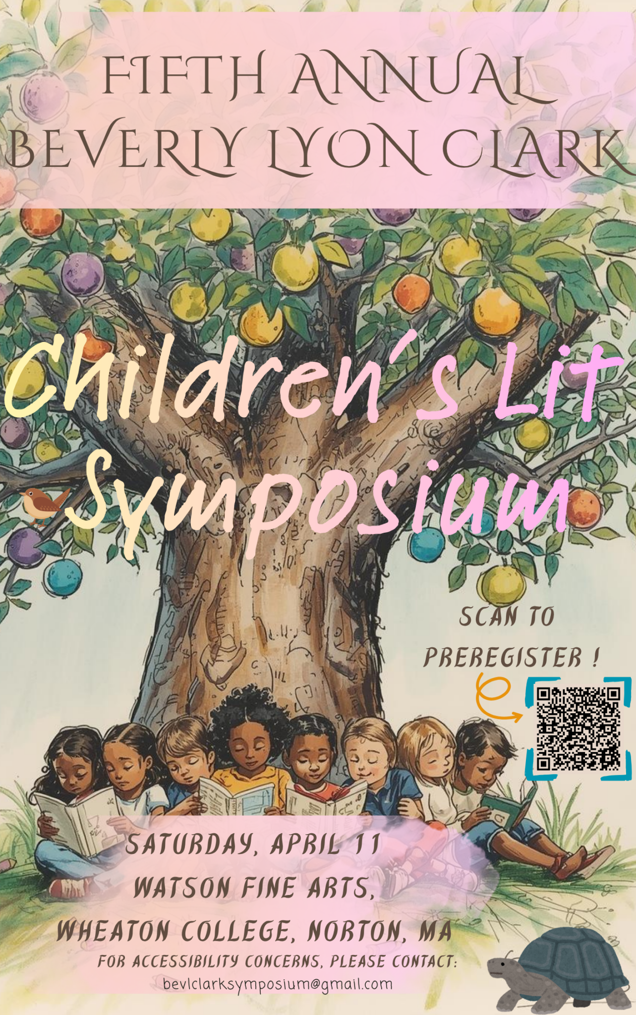 Poster for the Fifth Annual Beverly Lyon Clar Children's Literature Symposium. Children sitting under a large tree covered in rainbow colored fruit reading.
