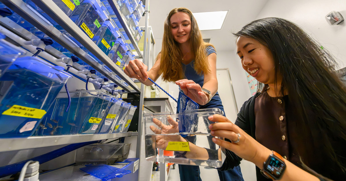 The image shows two young women engaged in a laboratory setting. One woman is reaching into a shelf filled with transparent containers, while the other is holding a clear container filled with water. The shelves are organized with various labeled containers.