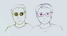 A head and shoulders caricature of two individuals. Each has short hair. One is wearing sunglasses and the other has eyeglasses.