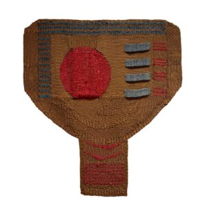 A fan-shaped woven brown fiber art piece by Momo Nagano featuring an abstract design with a red circle and grey geometric shapes set against a plain white background.